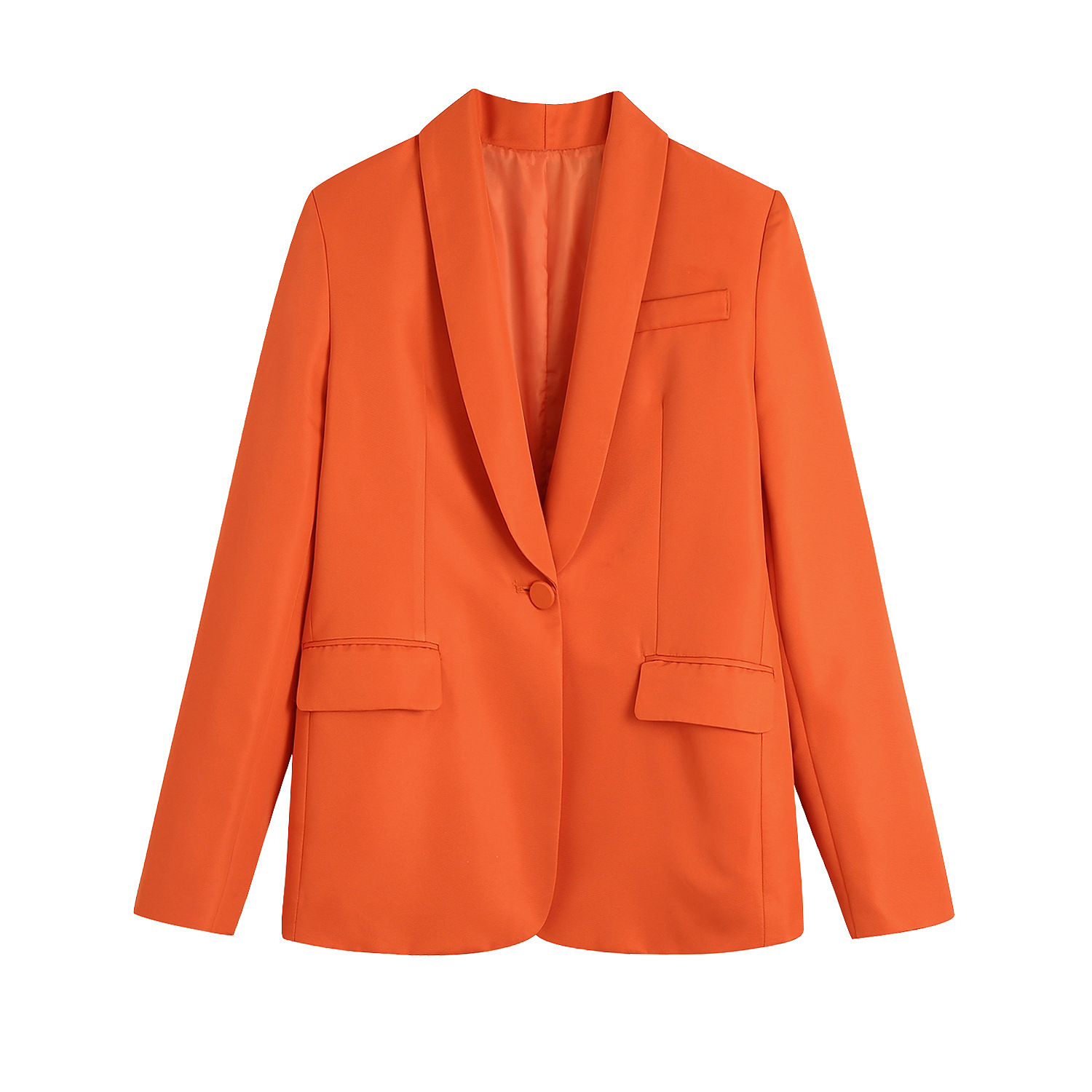 春季女装橘色一粒扣礼服领小西装外套