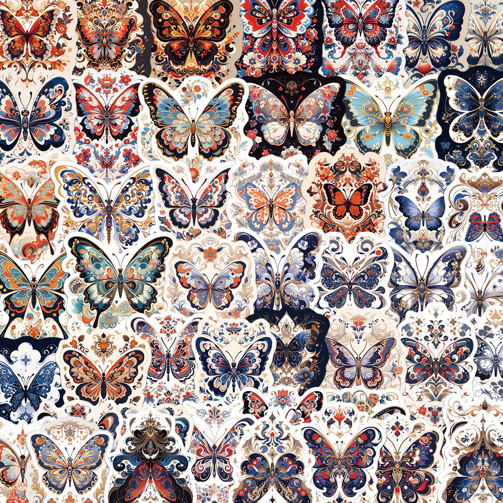 50张文艺复古贴纸蝴蝶花纹涂鸦行李箱笔记本电脑手机壳贴画可批发