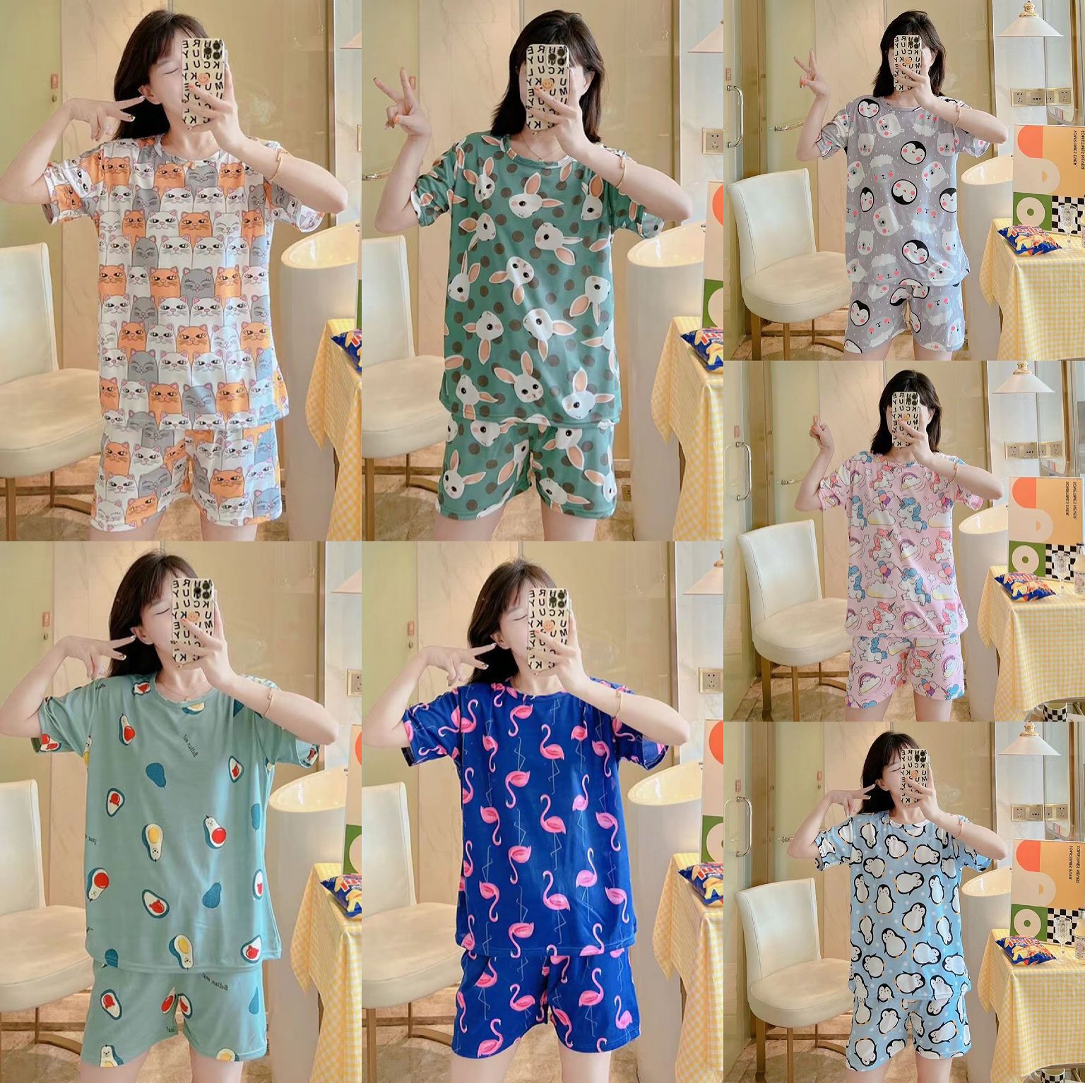 Factory Wholesale Multiple round Neck Short Sleeve Pajamas Women's Summer Casual Loose Milk Silk Home Wear Suit Foreign Trade Cross-Border