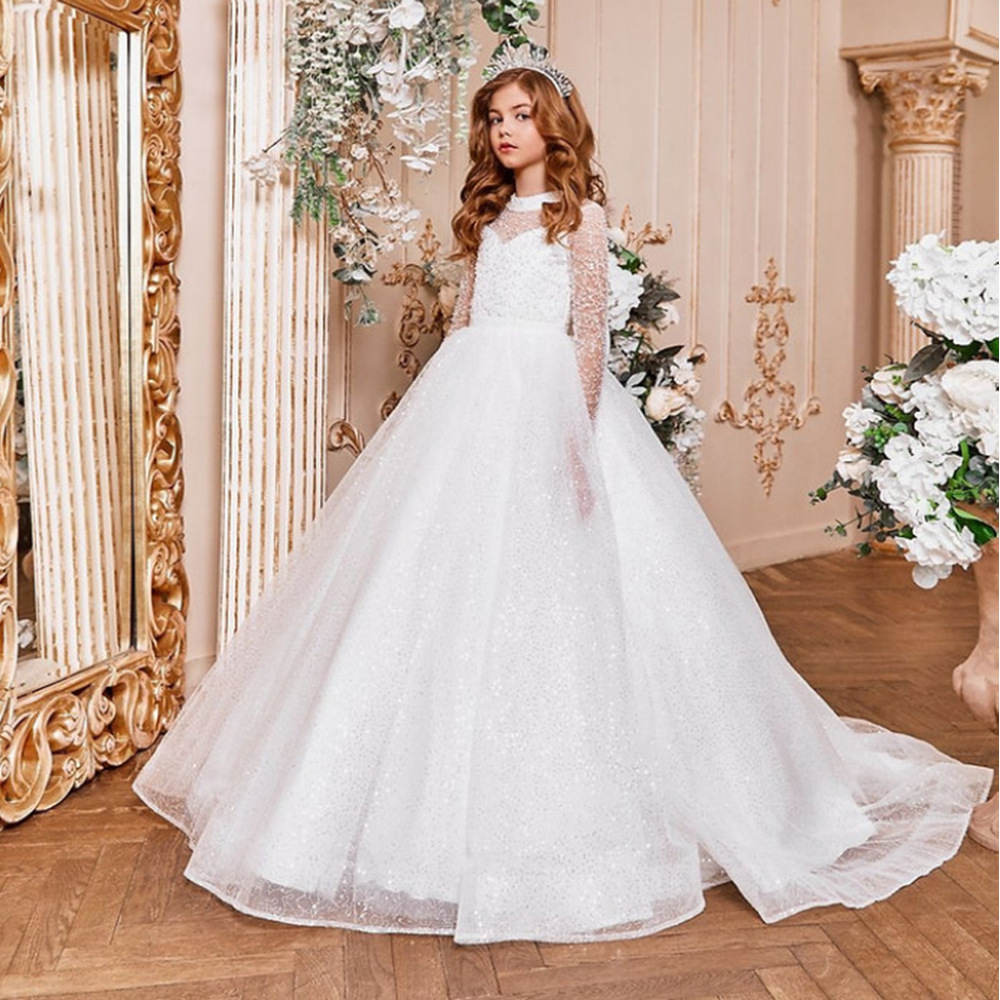 欧美新款儿童长袖婚纱礼服拖尾生日主持人演出服女童蓬蓬纱公主裙