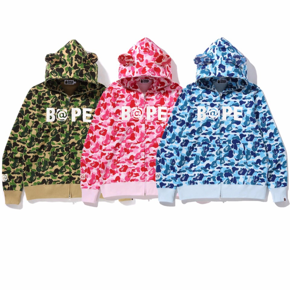 跨境批发日系bape潮牌暴力熊耳朵联名抓绒男女款连帽开衫拉链卫衣