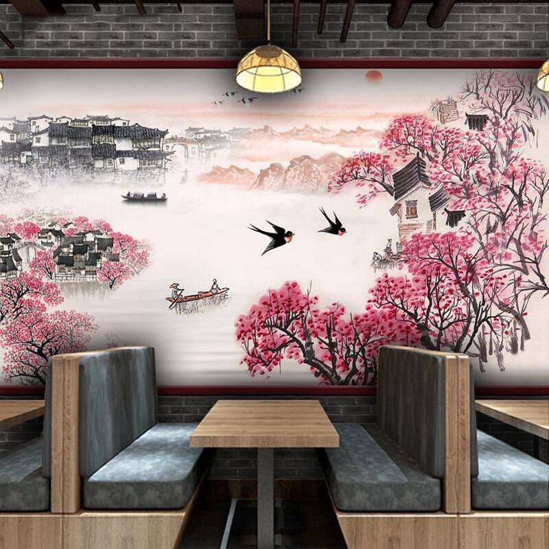 中式水墨山水画江南水乡背景墙纸火锅店餐厅饭店包间装饰壁纸壁画