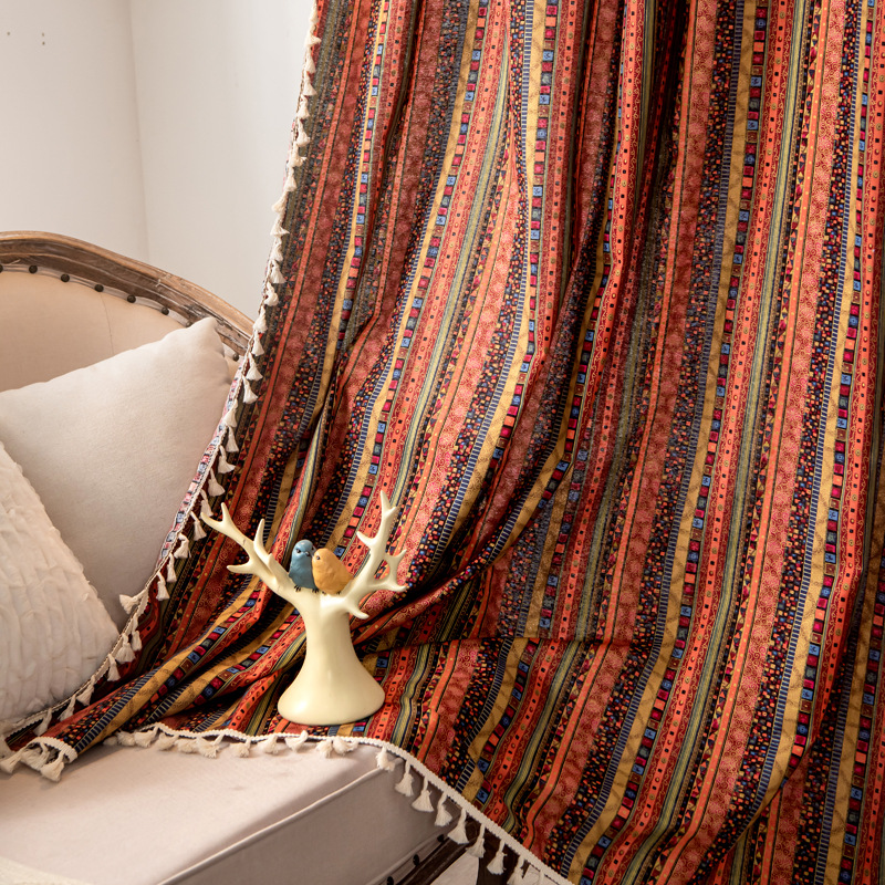 热销波西米亚民族风窗帘成品棉麻烫金条纹流苏窗帘布挂钩式飘窗帘