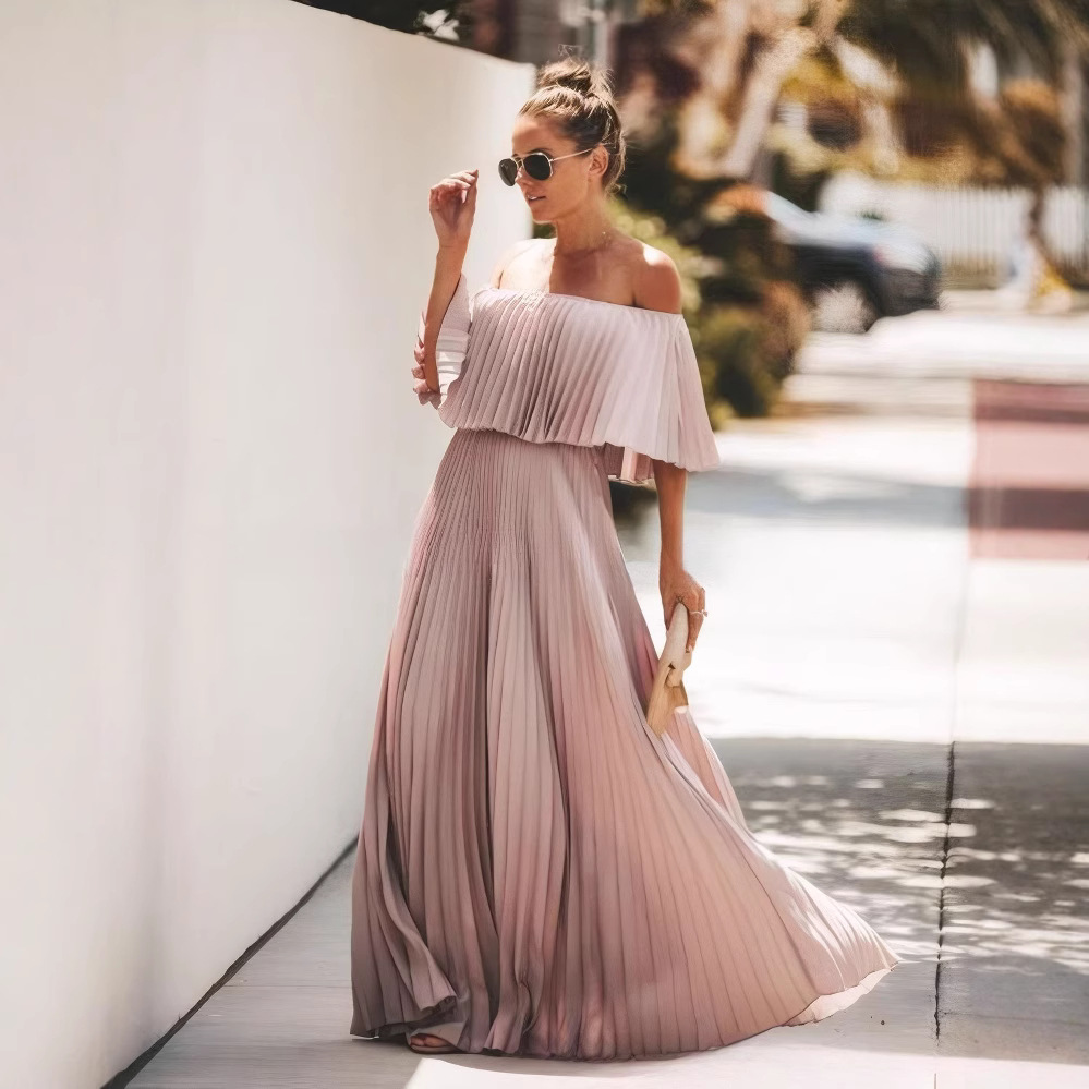 连衣裙夏季2025新款跨境女装欧美外贸一字领沙滩裙拖地长裙大摆裙