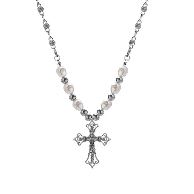 Titanium Steel New Niche Diamond Cross Stitching Short Pearl Necklace Trendy Hot Girl Sweet Cool Punk Necklace Does Not Fade