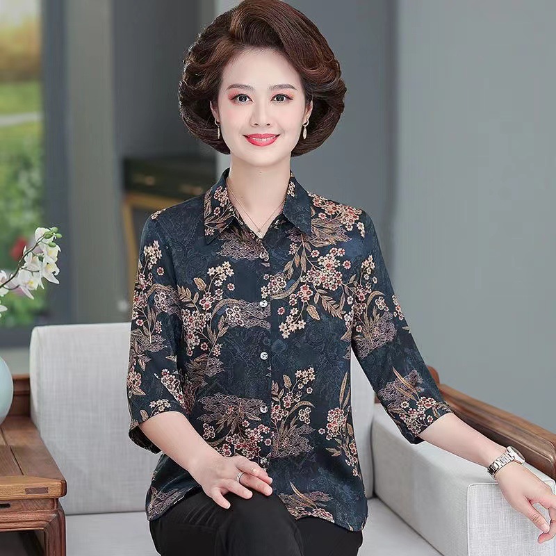 Mom's New Middle-Aged and Elderly Top Summer Women's Casual Loose Wide Lady Western Style 4050-Year-Old Printed Shirt Women