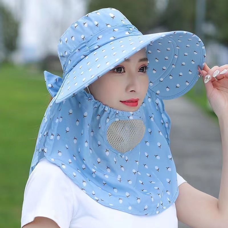 Summer Sun Hat Women's Sun-Proof Face Cover Shawl Hat Riding Face Care Broad-Brimmed Hat Mask Tea Picking Hat Small Cherry Foldable