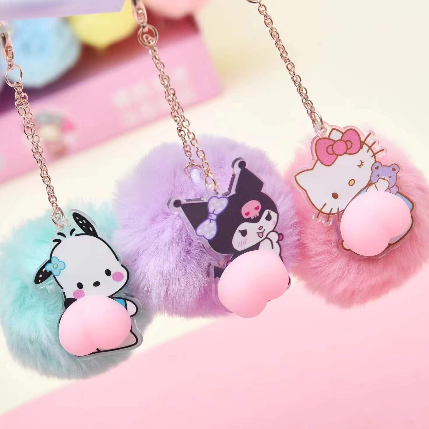 New Cartoon Sanrio Fuzzy Ball Pendant Gel Pen Cute Lolomi Decompression Butt Ball Pen Squeezing Toy Ornaments