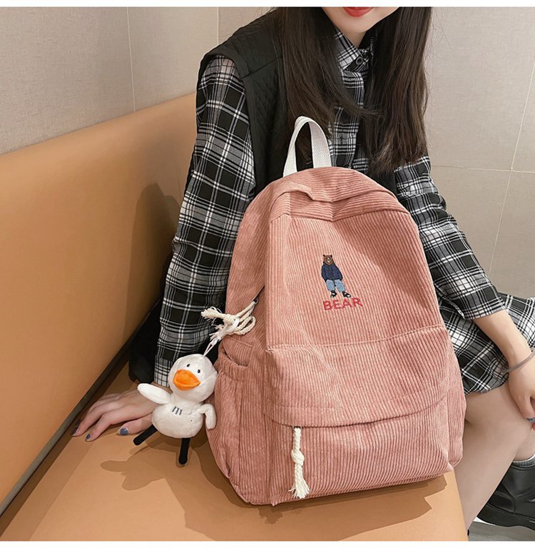 Autumn and Winter New Japanese Style Vintage Style Cute Kawaii Cartoon Embroidered Bear Corduroy Student Casual Backpack Schoolbag