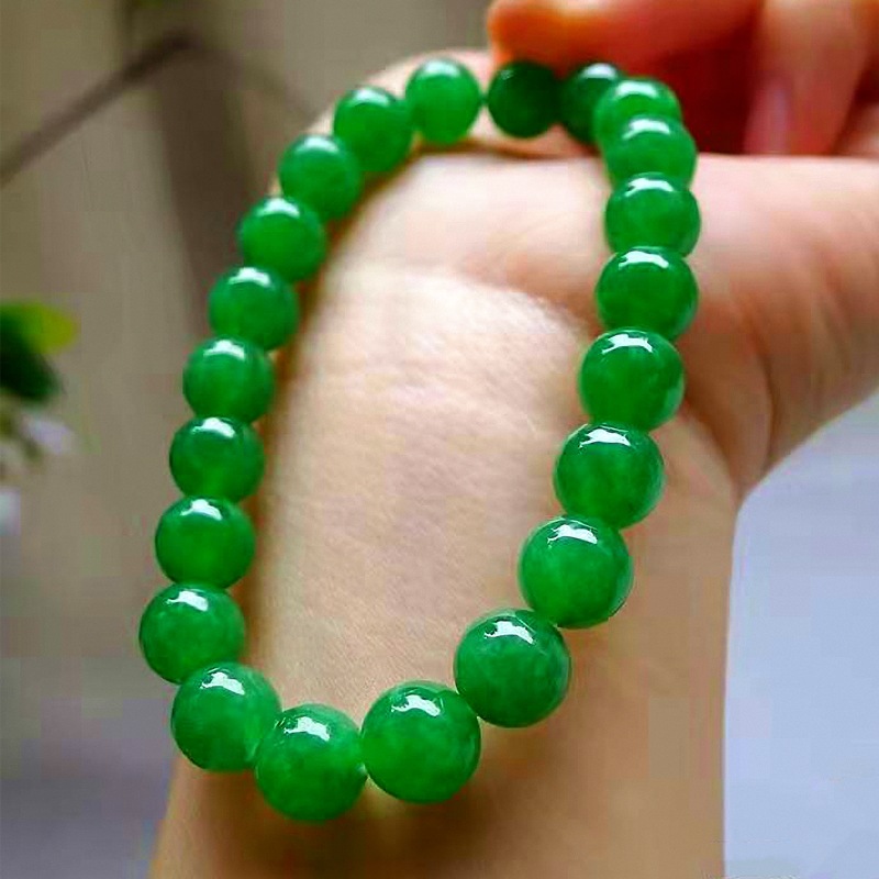 缅甸老坑翡翠满绿圆珠手链项链子冰糯种阳绿色帝王绿男女款玉手串