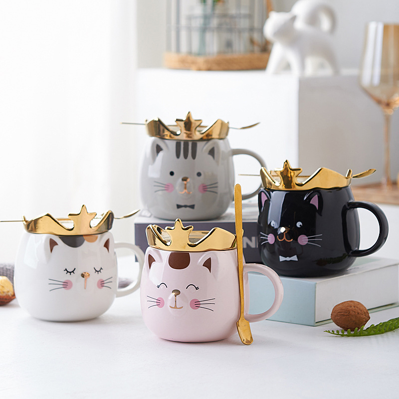 Good-looking Ceramic Cup Office Household Ceramic Mug Crown Cute Cat with Cover with Spoon Couple Water Cup