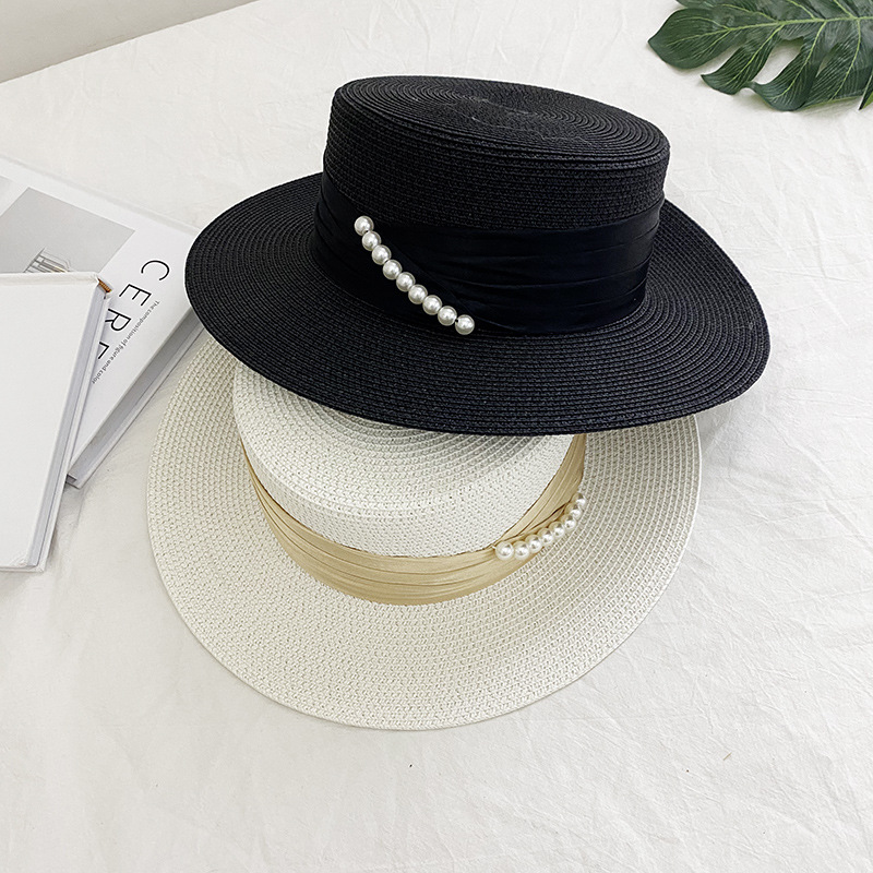 夏季珍珠平顶草帽女小清新文艺出游防晒遮阳帽子女夏天海边沙滩帽
