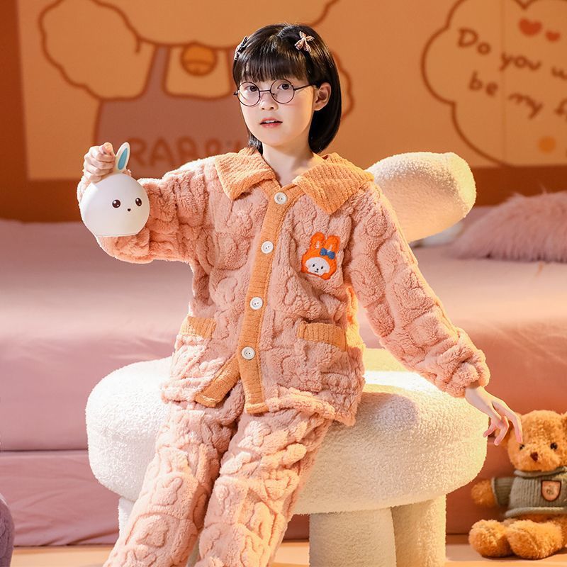 秋冬季儿童法兰绒睡衣套装女童珊瑚绒加厚保暖家居服女孩加绒两件
