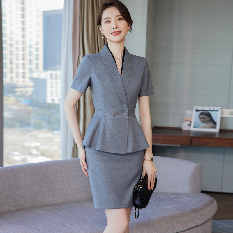 灰色高端职业套装夏季时尚气质女神范前台接待销售4s店工作服正装