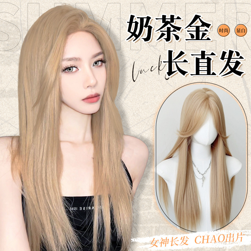 金色假发女长发夏天薄款气质中分长直发自然蓬松仿全真发全头套式