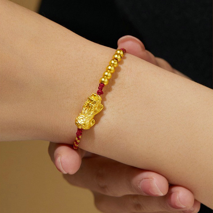 黄金貔貅手链红绳金珠转运珠999足金纯金本命虎年新款手绳编织女