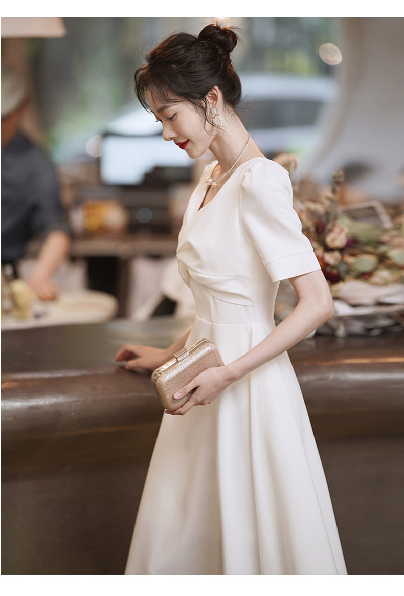 白色小礼服平时可穿法式登记领证小白裙宴会气质春季缎面v领礼服