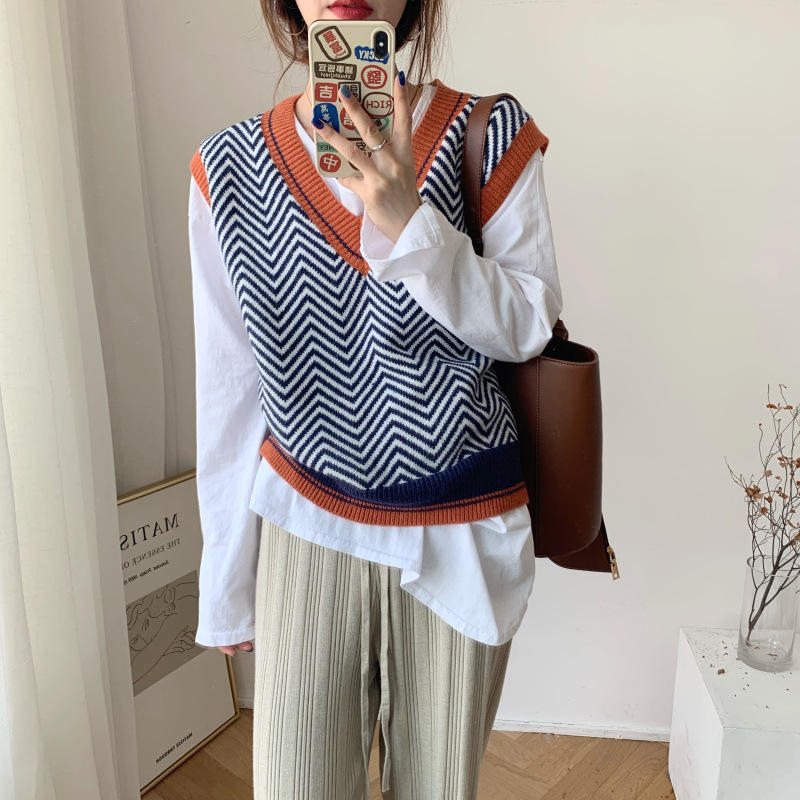 2021韩版新款条纹拼色毛线背心百搭时尚v领短款针织外套马甲女