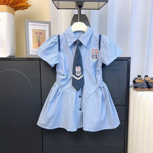 女童夏季学院风连衣裙2024新款儿童Polo领短袖衬衫裙宝宝夏装裙子