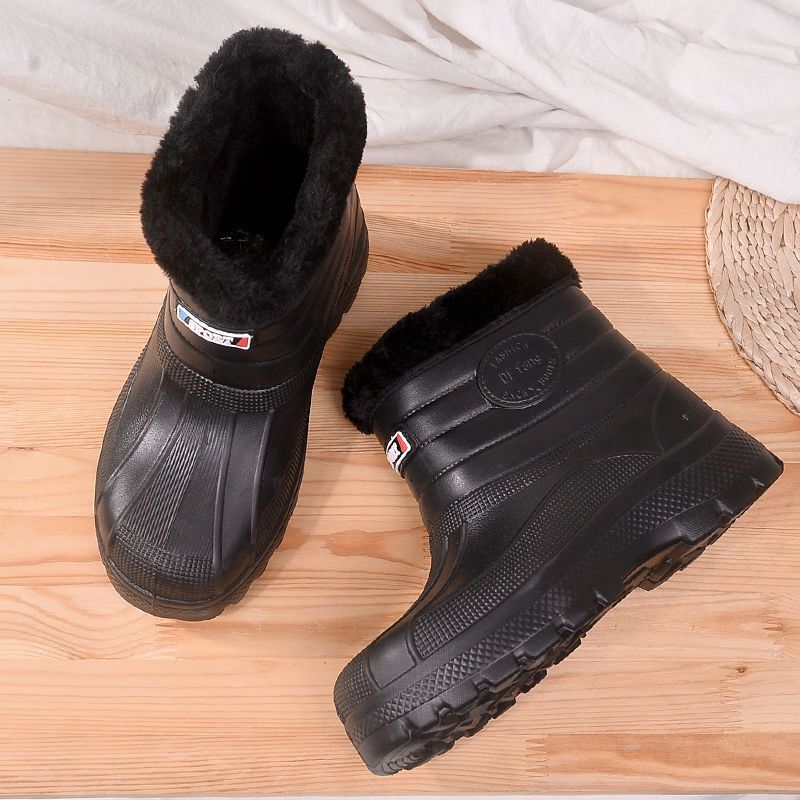 2023 New Men's Cotton Shoes Winter Fleece Lined Padded Warm Keeping Snow Boots Eva Waterproof Non-Slip Thick Bottom Mid-Calf Rain Boots