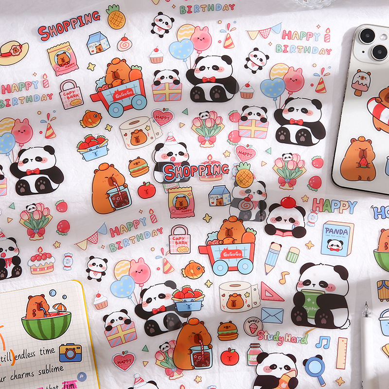 可爱卡通熊猫卡皮巴拉贴纸pet防水透明儿童手账素材装饰小图案贴