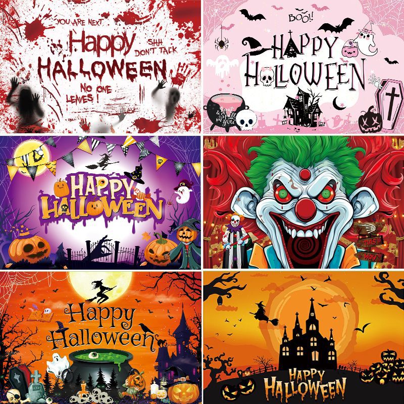 Halloween Banner Background Fabric Festival Party Decorations Pumpkin Clown Bat Banner Horror Bloodhanded Background Fabric