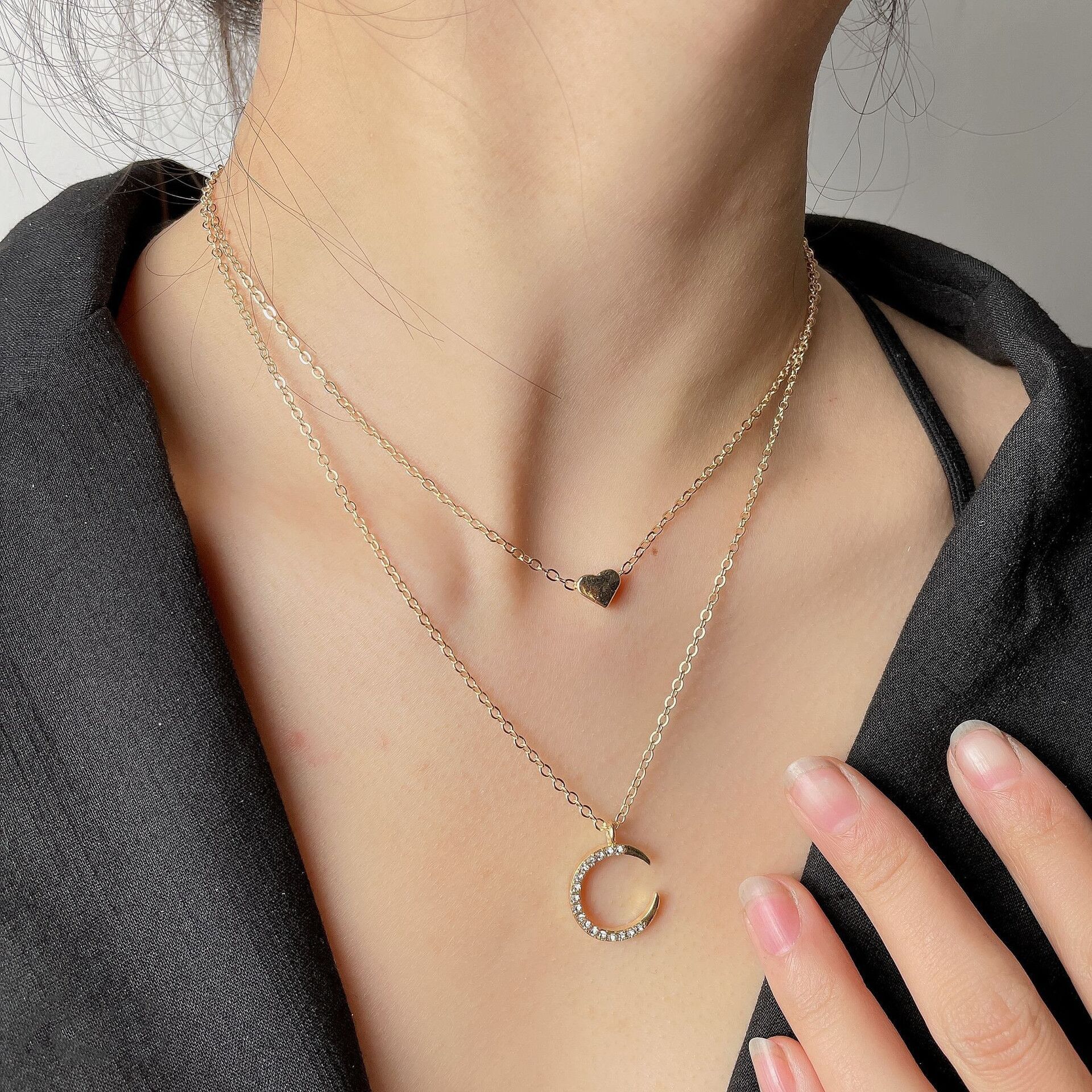 欧美跨境饰品  时尚简约双层爱心叠戴镶钻月亮吊坠项链锁骨链