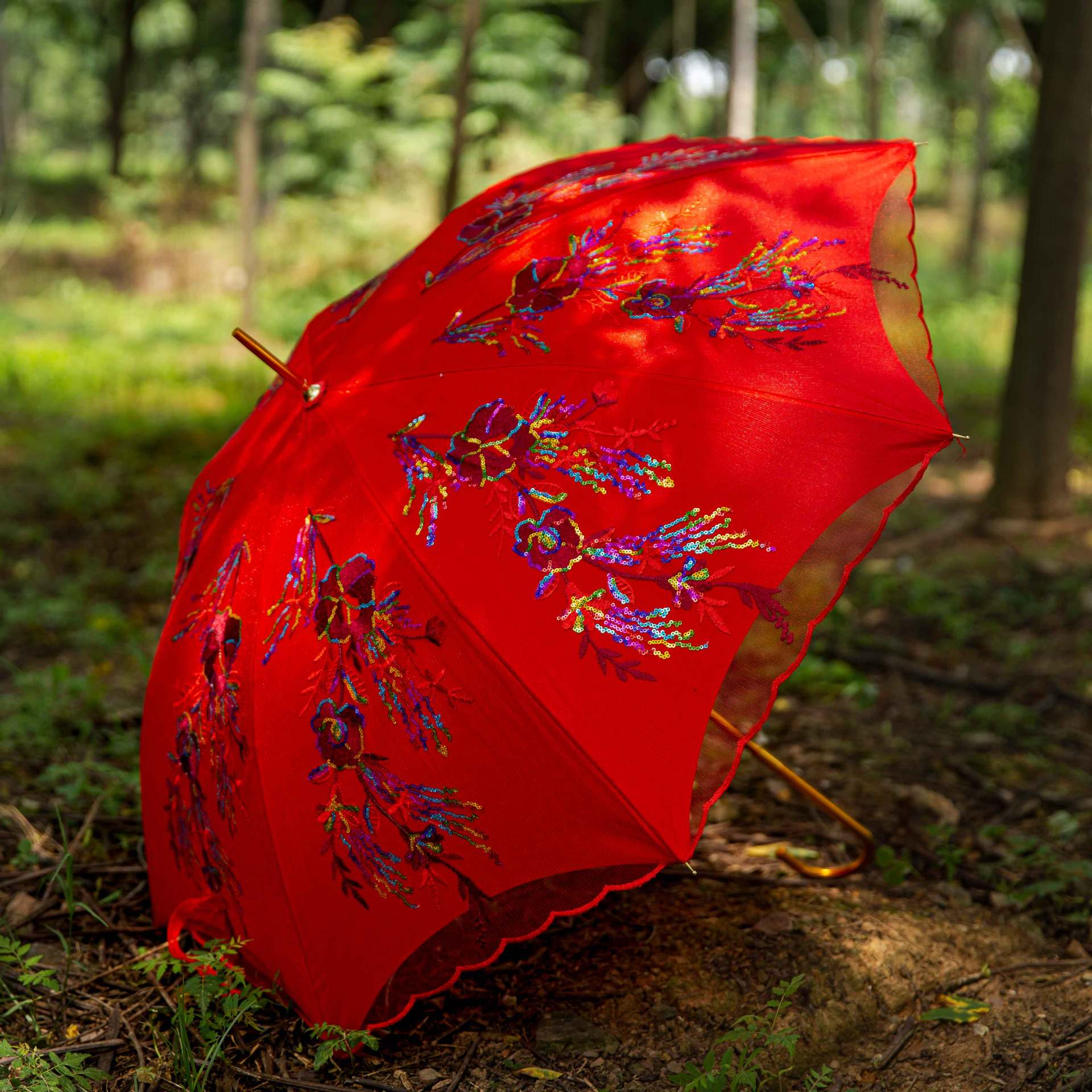 接亲红伞婚庆结婚长柄蕾丝边创意喜伞全自动复古出门新娘伞喜庆