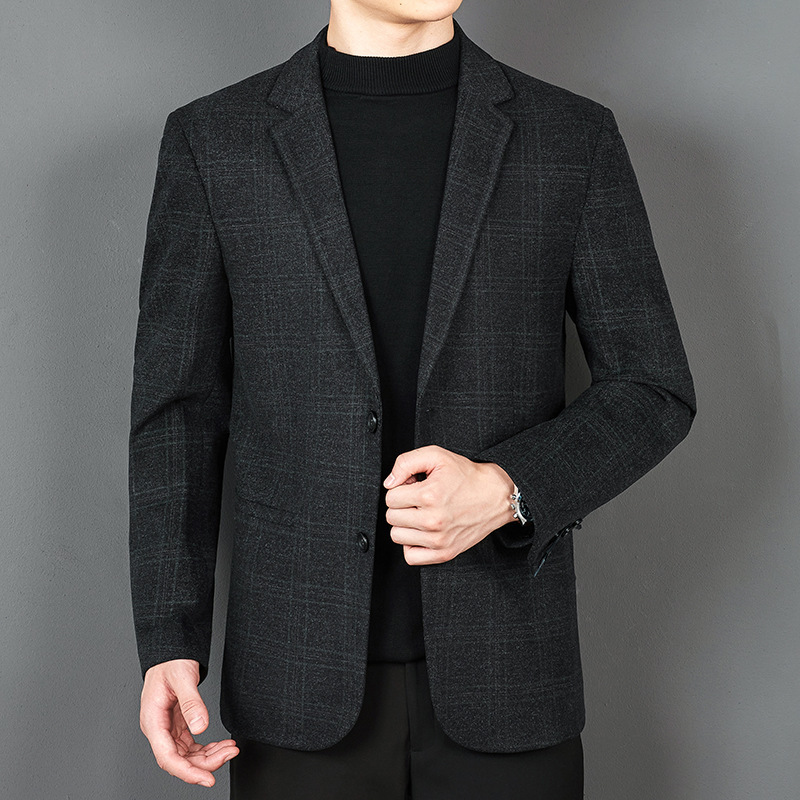 高端毛料西装男单件上衣秋冬新款中年休闲西服外套羊毛中厚款单西