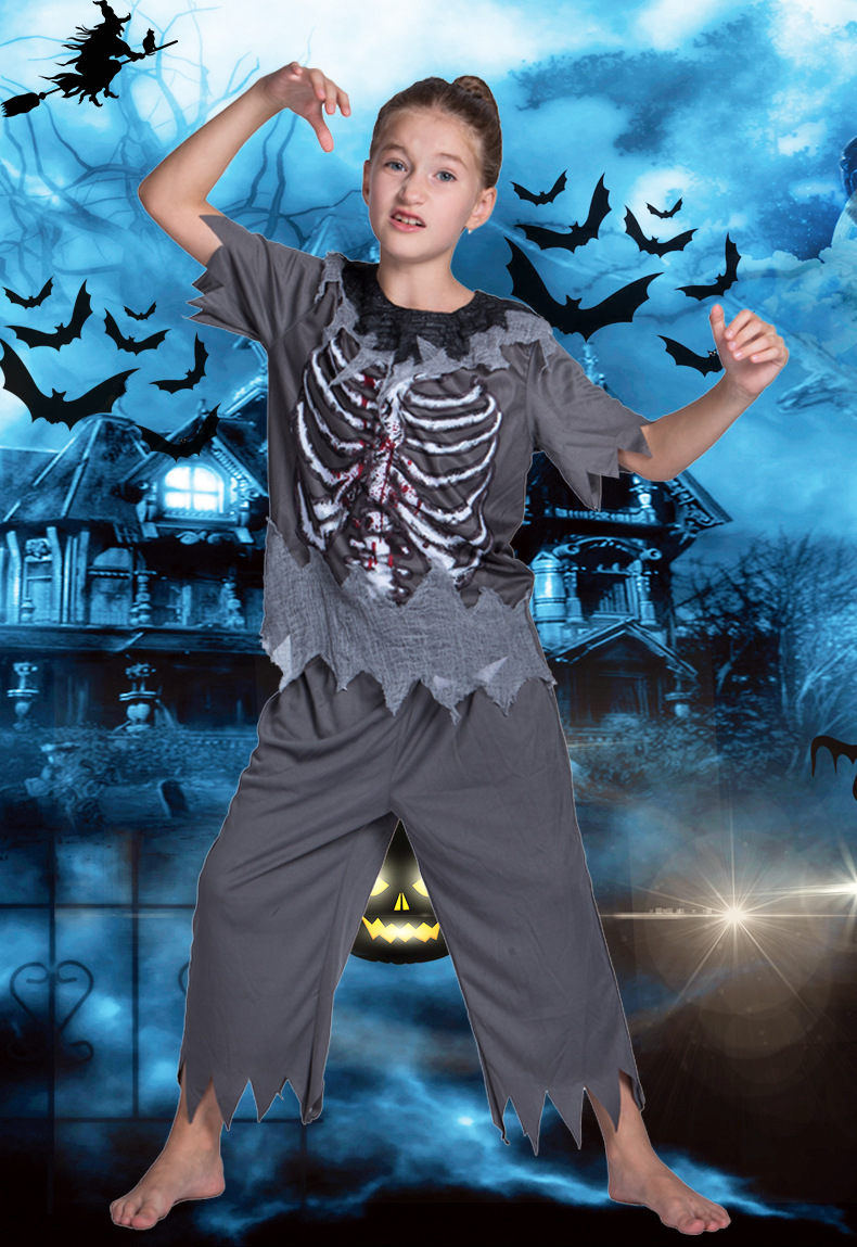 跨境供应万圣节cosplay扮演夸张恐怖服装 骷髅僵尸儿童舞台角色服