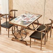 出租房古旧出租长方形主题方形桌椅车轮艺组合复古餐桌椅饭店店长