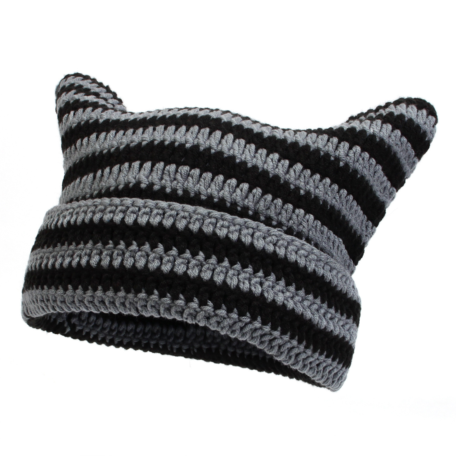 2023 New Japanese Style Little Devil Hand Crocheted Woolen Cap Striped Hat Cute Cat Ears Casual Warm Hat