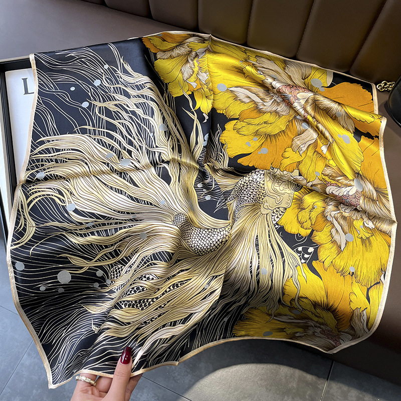 New Goldfish Peony Chinese Style Vintage Flower Silk Scarf Silk Mulberry Silk 70 Square Scarf Decorative Bag for Women