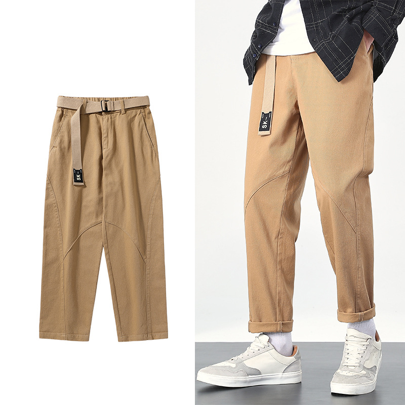 Spring Men's Loose Casual Pants with Belt Men's Washed Hip Hop Cotton Pants Men's Trendy Long Pants