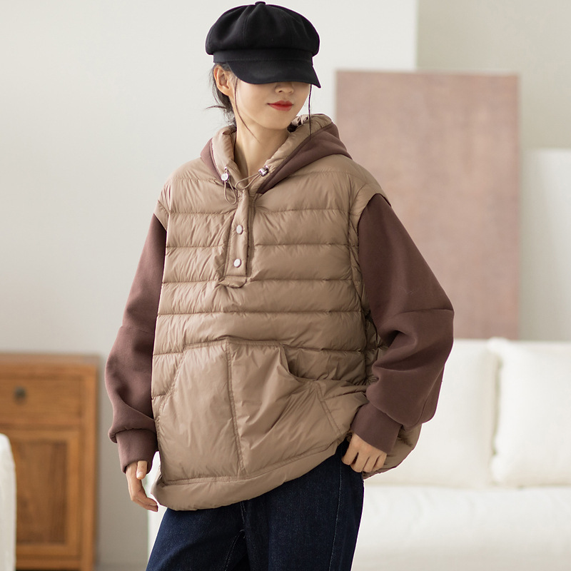 2022新款文艺时尚休闲连帽抽绳套头拼接卫衣款90白鸭绒羽绒服外套