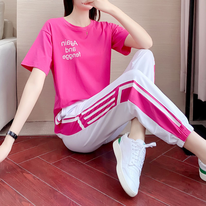 休闲两件套时尚运动套装女款宽松夏季新款鬼步舞粉色广场舞服洋气