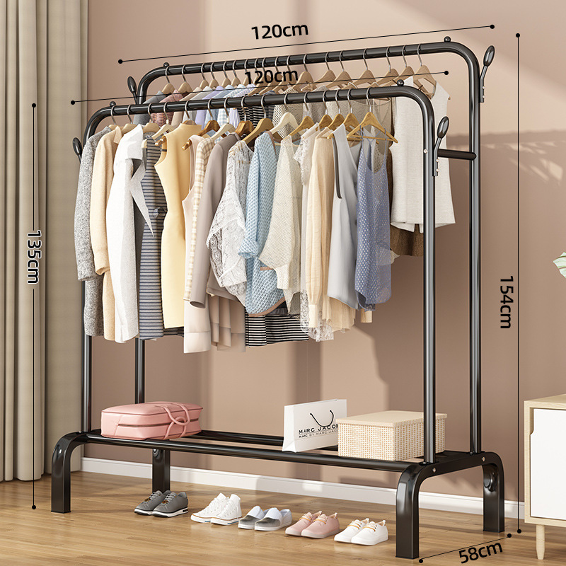 Dormitory Double Bar Clothes Hanger Floor Home Balcony Simple Cool Clothes Rod Hanger Folding Bedroom Sun Hanging Shelf