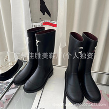 高版本外贸小香风厚底雨靴女秋冬中古黑色不过膝中筒靴子长靴女