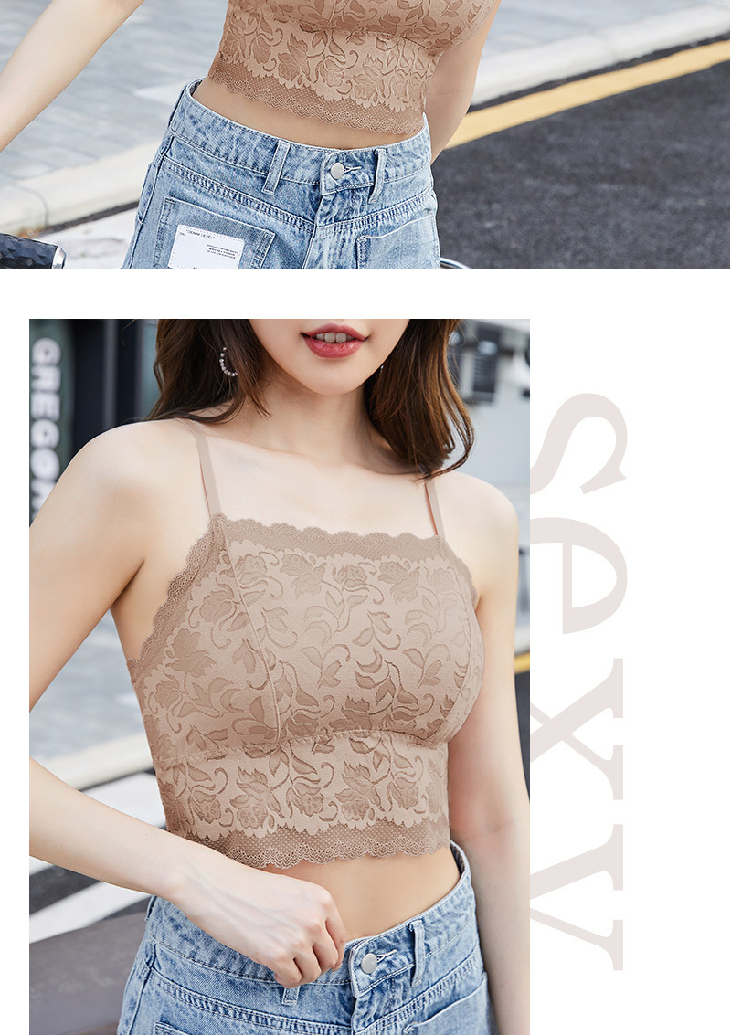 2022新品蕾丝美背内衣女外穿抹胸裹胸吊带背心蚕丝里布乳胶垫文胸