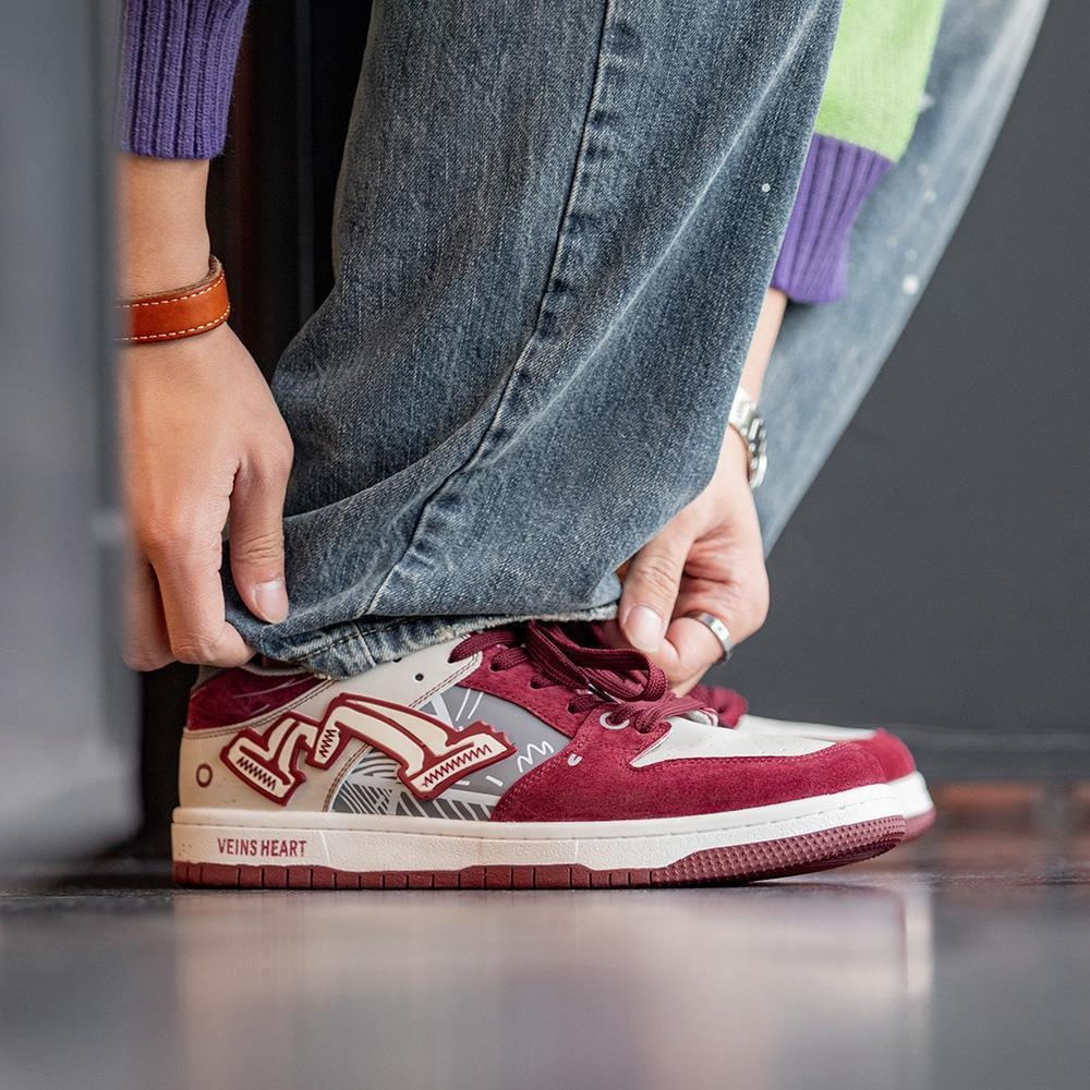 mra酒红涂鸦板鞋男鞋2024春季新款小众复古街头运动休闲鞋潮鞋子