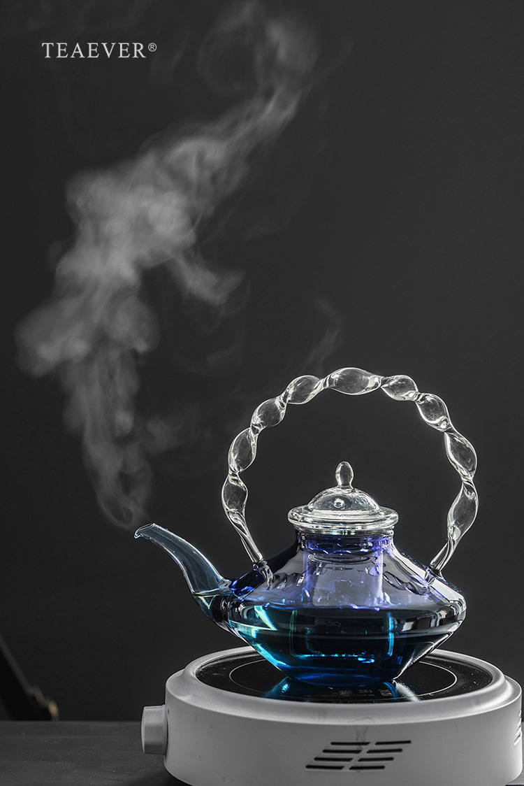 蓝色扭纹玻璃茶壶高颜值克莱因蓝高硼硅耐热玻璃壶功夫茶具[现货]