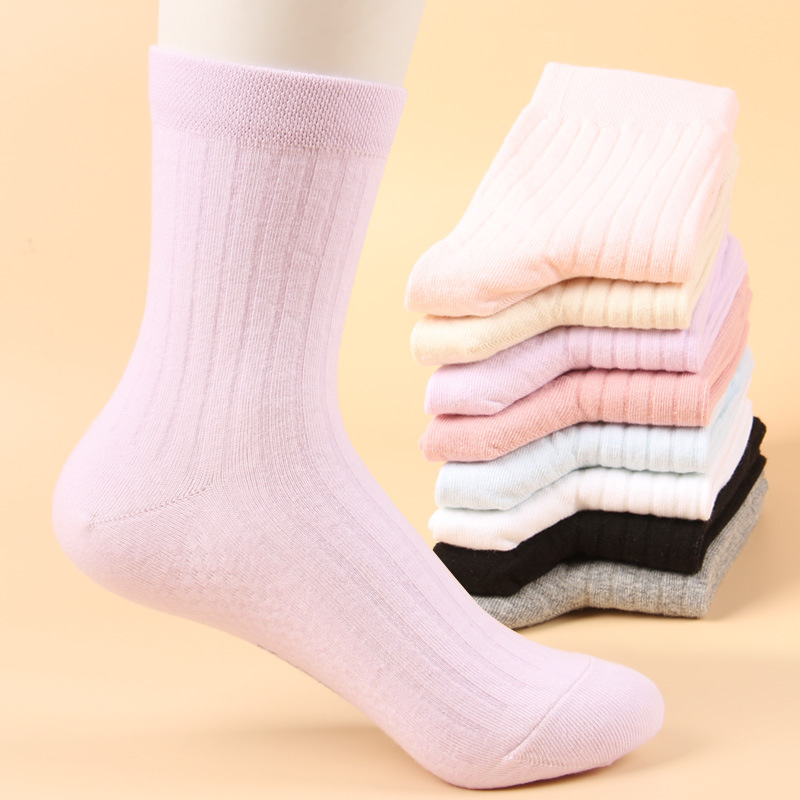 女士秋冬加厚纯色棉袜全棉中筒女袜中长腰保暖时尚简约精梳棉运动