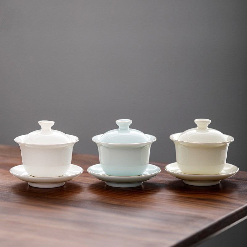 white jade tureen lovely white glaze white marble porcelain manual painting golden with lid purple gold three cai blanc de chine tea ceremony bowl