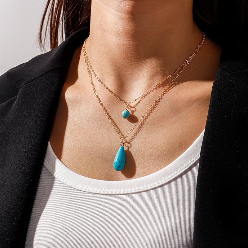 欧美跨境饰品 时尚流行短款锁骨链 绿松石水滴多层吊坠项链女
