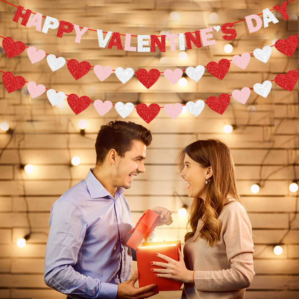 情人节派对装饰用品 爱心款拉旗拉花 happy valentines day 拉旗