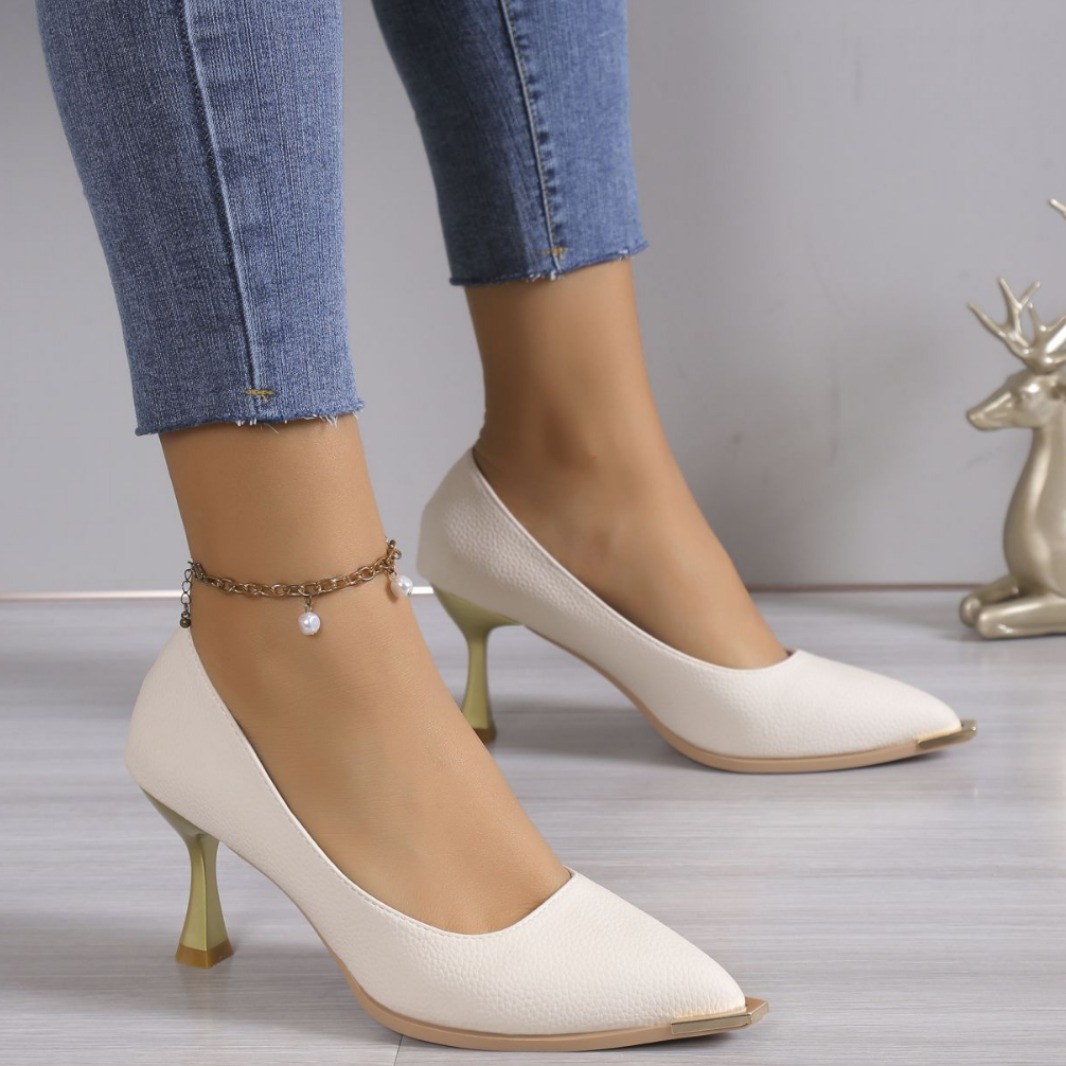 法式高跟鞋女2024春季新款时尚金属尖头浅口小细跟单鞋通勤职业鞋