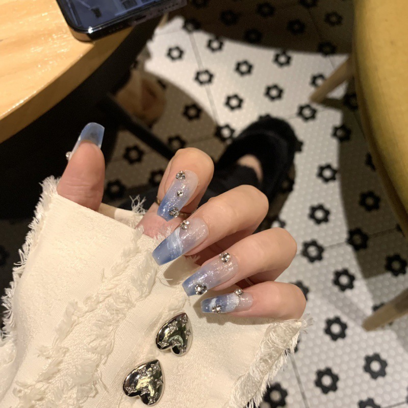 Handmade Wear Nail Sky Blue Summer with Diamond HAILANG Finished Manicure Fairy Style Removable for Students and Pregnant Women