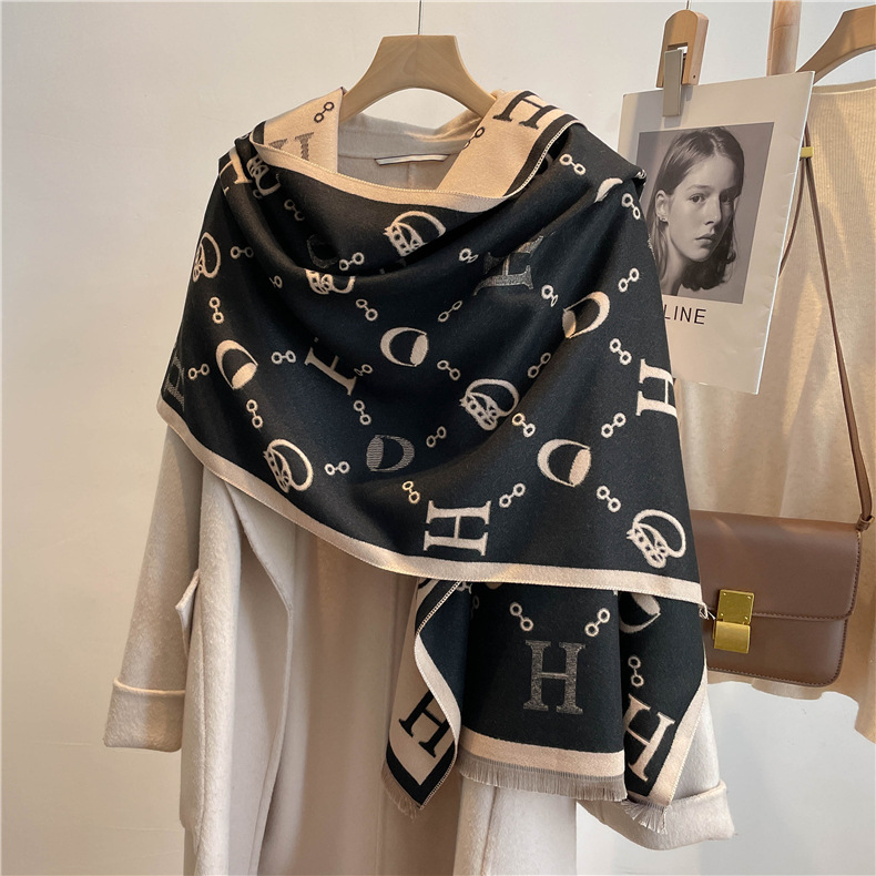 New Small H Letter Artificial Cashmere Scarf Women's Dual-Use New 2022 Air Conditioning Shawl Thickened Warm Scarf Cold Protection