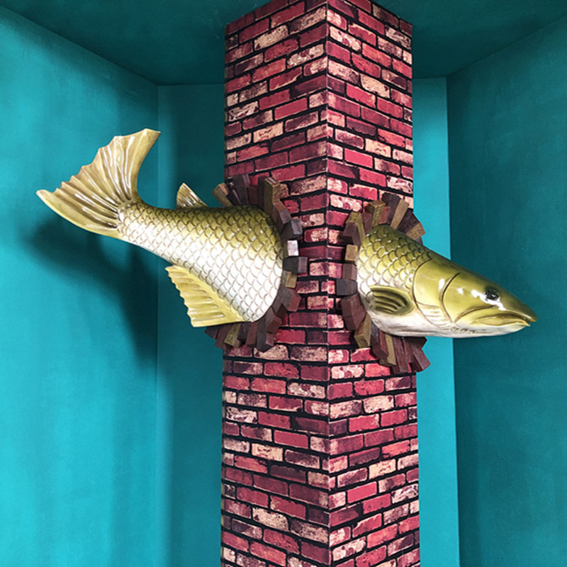 玻璃钢雕塑穿墙鱼壁挂饰烤鱼馆海洋酒吧会所柱子门头墙面软装饰品