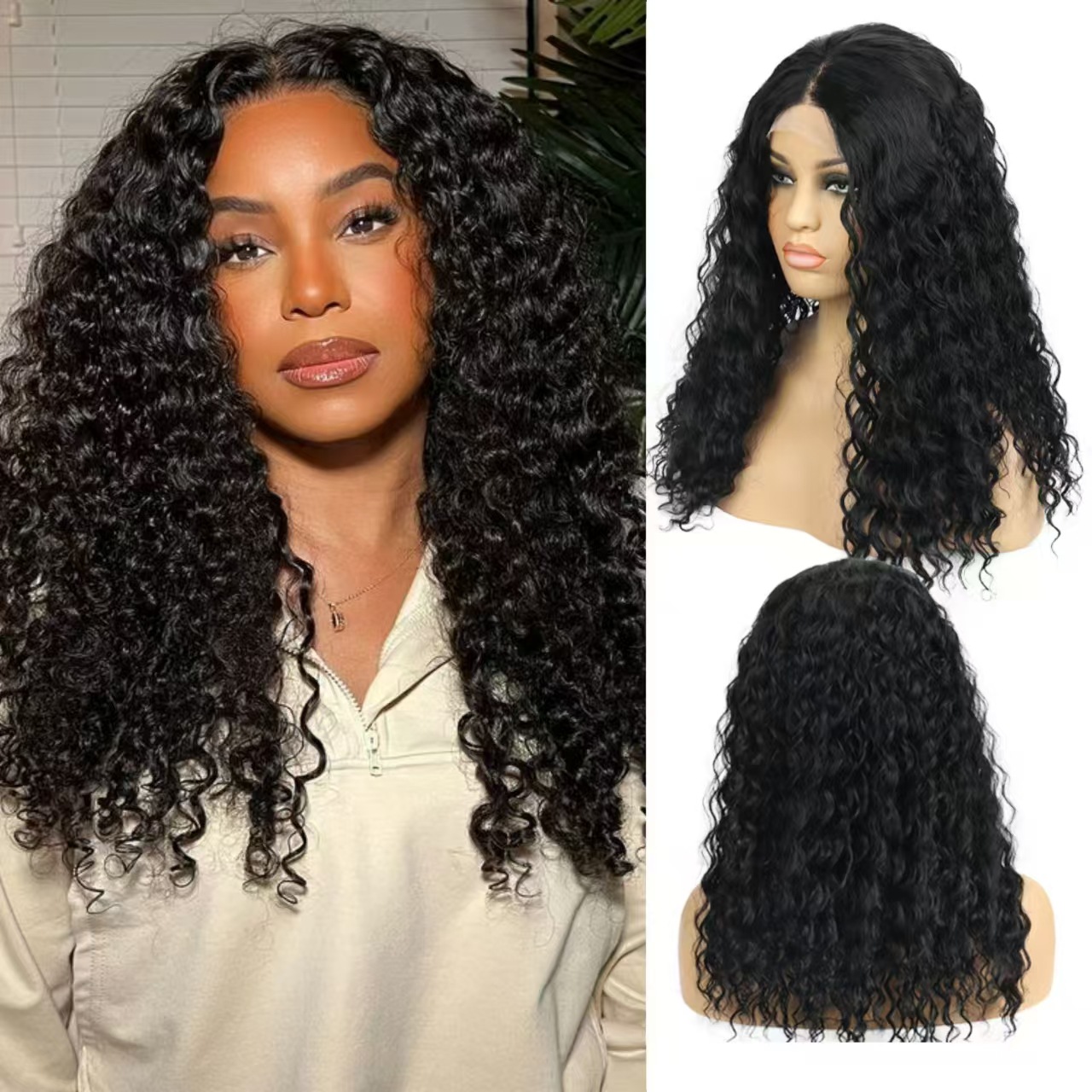 厂家跨境货源 4*4手织前蕾丝黑色中分长卷发 非洲小卷女头套 代发